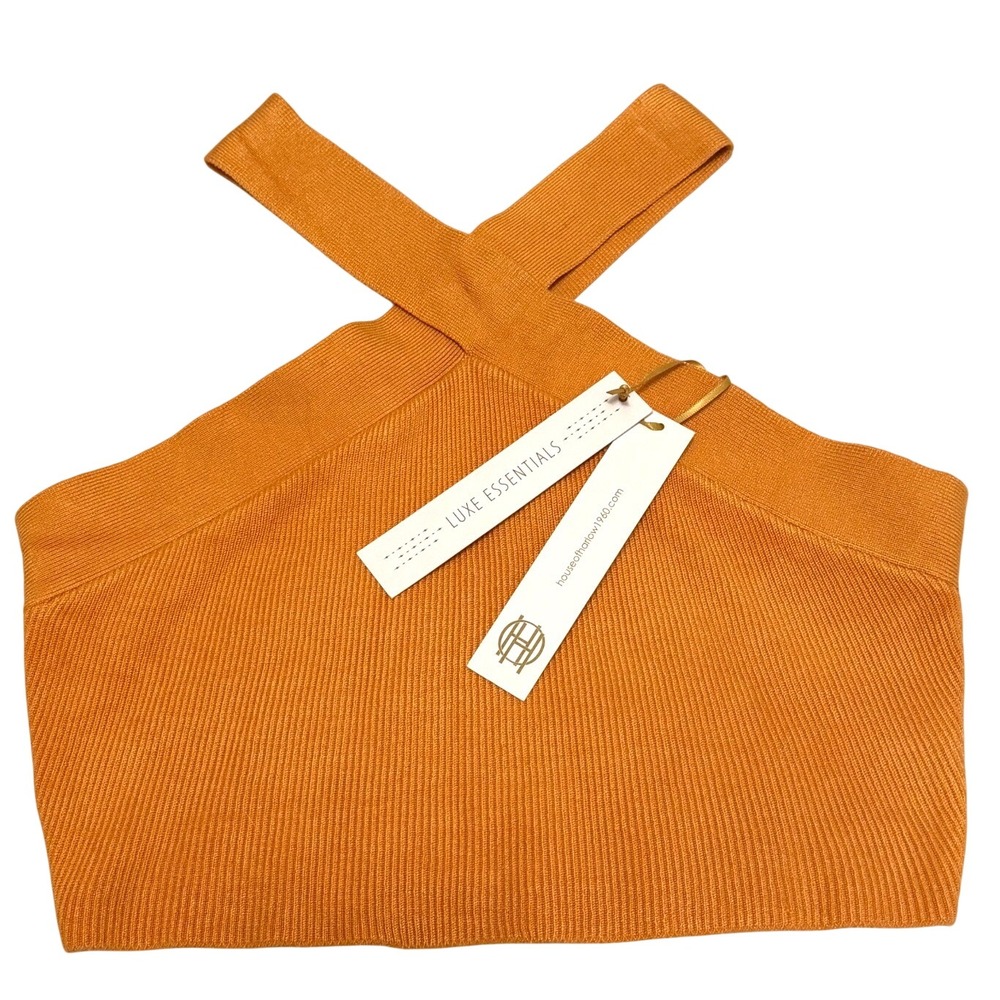 House of Harlow 1960 Luxe Essentials Orange Ribbed Knit Cross Halter Crop Top S